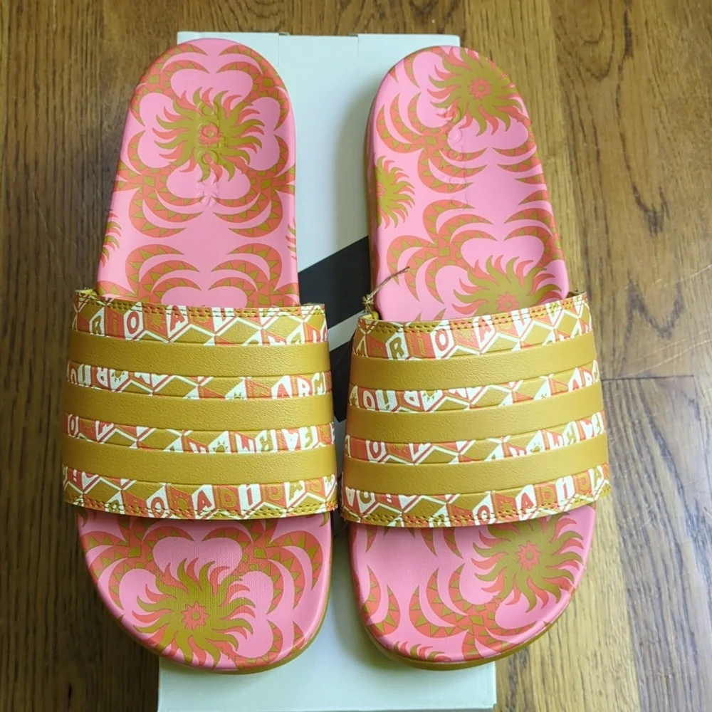 NIB FARM Rio Slide Sandals Adidas Collab Women's Size 11 Pink Abstract Floral